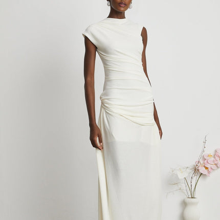 Riccarda White Midi Dress Double Jersey Knit Asymmetric Hem Ruched Detailing Rear Zip Fastening Lined Elegant Sophisticated Statement Piece