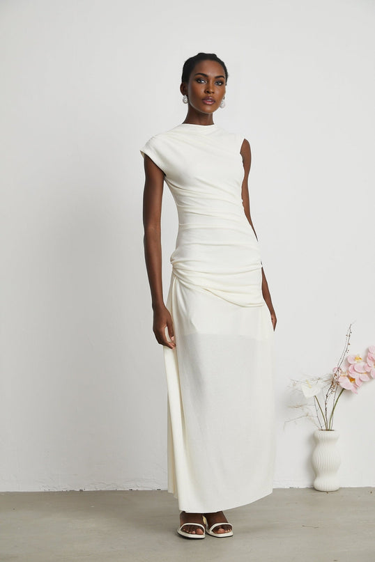 Riccarda White Midi Dress Double Jersey Knit Asymmetric Hem Ruched Detailing Rear Zip Fastening Lined Elegant Sophisticated Statement Piece
