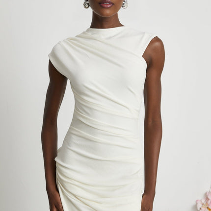 Riccarda White Double Jersey Knit Midi Dress with Asymmetric Hem and Ruched Detailing