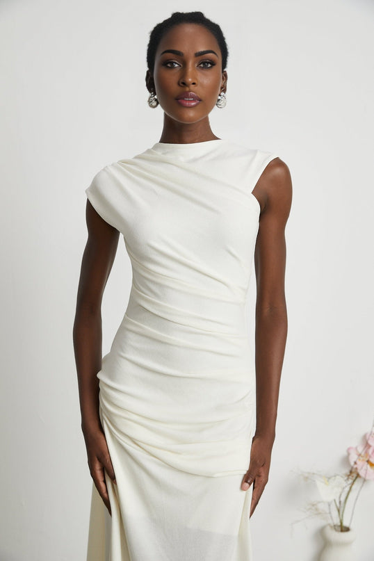 Riccarda White Double Jersey Knit Midi Dress with Asymmetric Hem and Ruched Detailing