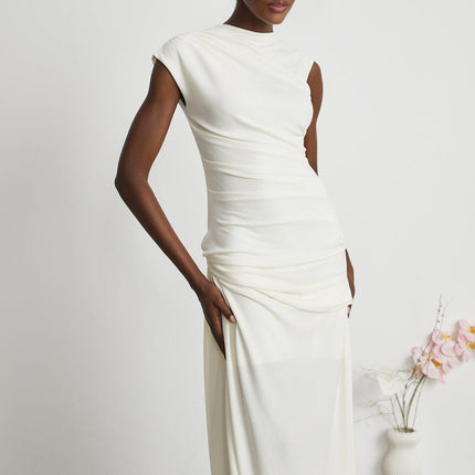 Riccarda White Midi Dress Double Jersey Knit Asymmetric Hem Ruched Detailing