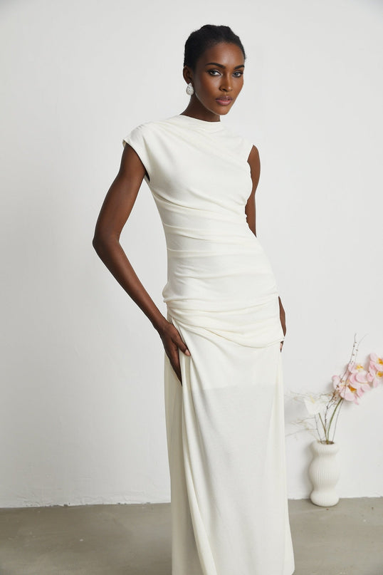 Riccarda White Midi Dress Double Jersey Knit Asymmetric Hem Ruched Detailing