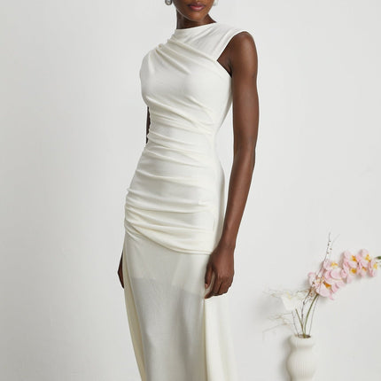 Riccarda White Midi Dress double jersey knit draped design ruched detailing rear zip fastening elegant sophisticated luxury refinement Terylene fiber