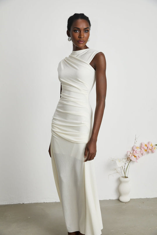 Riccarda White Midi Dress double jersey knit draped design ruched detailing rear zip fastening elegant sophisticated luxury refinement Terylene fiber