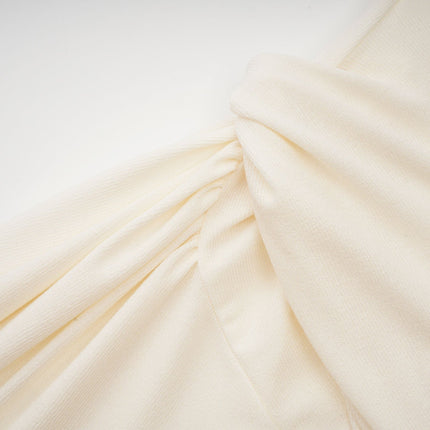 Riccarda White Midi Dress Double Jersey Knit Asymmetric Hem Ruched Detailing Rear Zip Fastening Lined Elegant Graceful Sophisticated Luxury Refinement Special Occasions Evenings Out Statement Piece Timeless Sophistication Terylene Fiber