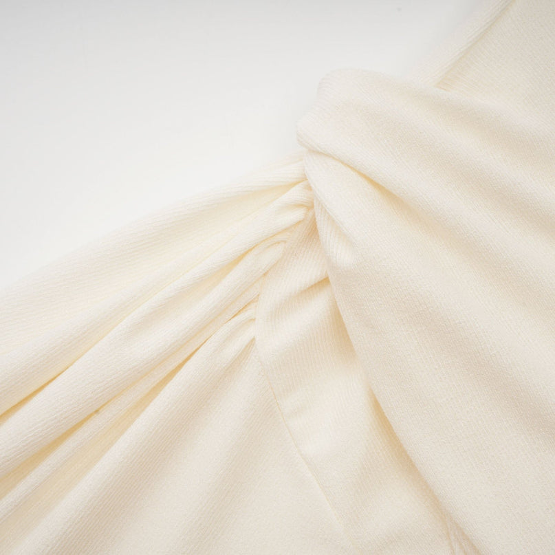 Riccarda White Midi Dress Double Jersey Knit Asymmetric Hem Ruched Detailing Rear Zip Fastening Lined Elegant Graceful Sophisticated Luxury Refinement Special Occasions Evenings Out Statement Piece Timeless Sophistication Terylene Fiber