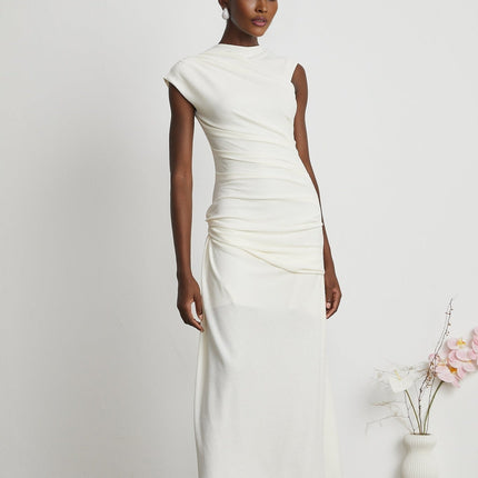 Riccarda White Midi Dress Double Jersey Knit Asymmetric Hem Ruched Detailing Rear Zip Fastening Lined Elegant Graceful Sophisticated Special Occasions Luxury Refinement Statement Piece Timeless Sophistication Terylene Fiber