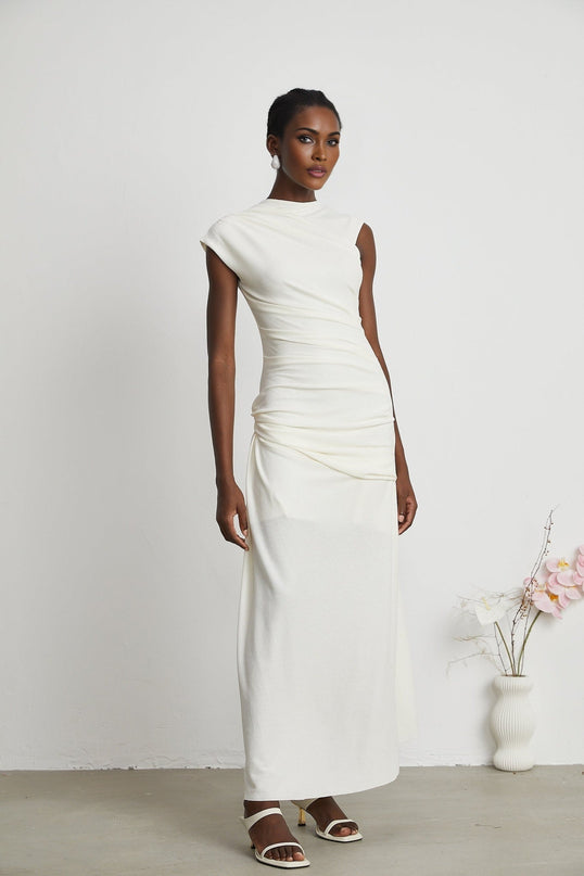 Riccarda White Midi Dress Double Jersey Knit Asymmetric Hem Ruched Detailing Rear Zip Fastening Lined Elegant Graceful Sophisticated Special Occasions Luxury Refinement Statement Piece Timeless Sophistication Terylene Fiber