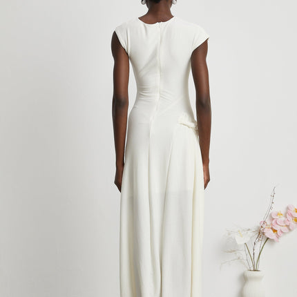 Riccarda White Midi Dress Double Jersey Knit Asymmetric Hem Ruched Detailing Rear Zip Fastening Elegant Graceful Luxury Sophistication