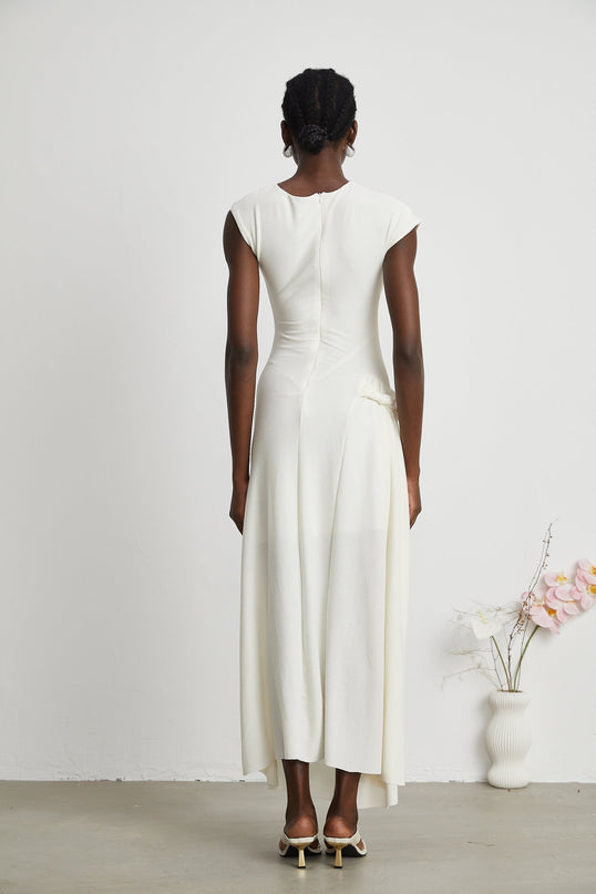 Riccarda White Midi Dress Double Jersey Knit Asymmetric Hem Ruched Detailing Rear Zip Fastening Elegant Graceful Luxury Sophistication
