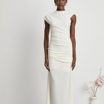 Riccarda White Midi Dress Double Jersey Knit Asymmetric Hem Ruched Detailing Sleeveless Elegant Graceful Chic Luxury Refinement Special Occasions Evenings Out Statement Piece Sophistication Terylene Fiber