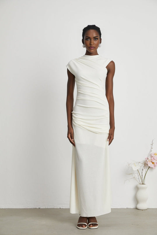Riccarda White Midi Dress Double Jersey Knit Asymmetric Hem Ruched Detailing Sleeveless Elegant Graceful Chic Luxury Refinement Special Occasions Evenings Out Statement Piece Sophistication Terylene Fiber