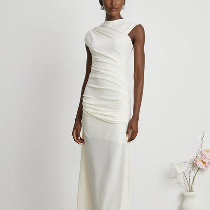 Riccarda White Midi Dress Double Jersey Knit Asymmetric Hem Ruched Detailing Rear Zip Fastening Lined Sleeveless Elegant Graceful Luxury Sophistication Terylene Fiber