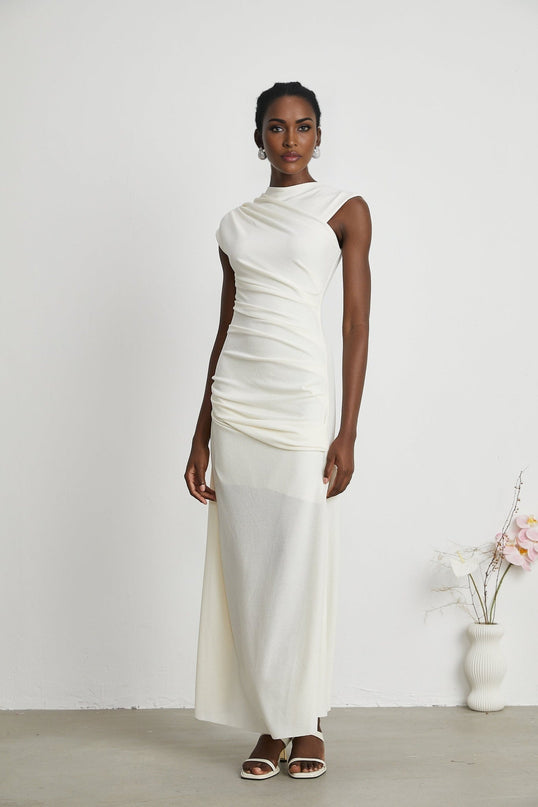 Riccarda White Midi Dress Double Jersey Knit Asymmetric Hem Ruched Detailing Rear Zip Fastening Lined Sleeveless Elegant Graceful Luxury Sophistication Terylene Fiber