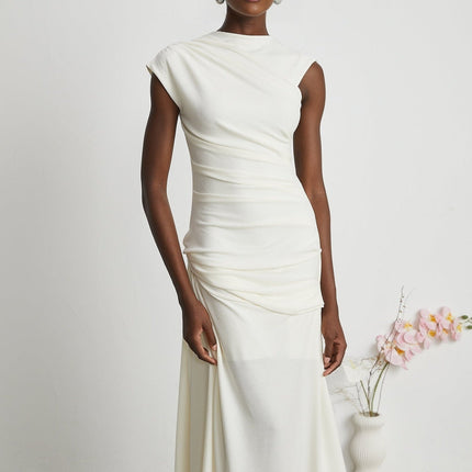 Riccarda White Midi Dress double jersey knit draped design ruched detailing rear zip fastening asymmetric hem lined elegant sophisticated luxury refinement special occasions statement piece timeless sophistication Terylene fiber