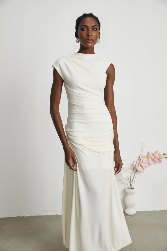 Riccarda White Midi Dress double jersey knit draped design ruched detailing rear zip fastening asymmetric hem lined elegant sophisticated luxury refinement special occasions statement piece timeless sophistication Terylene fiber