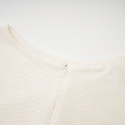 Riccarda White Midi Dress Double Jersey Knit Asymmetric Hem Ruched Detailing Rear Zip Fastening