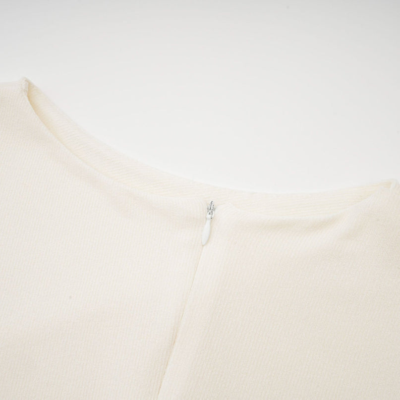 Riccarda White Midi Dress Double Jersey Knit Asymmetric Hem Ruched Detailing Rear Zip Fastening