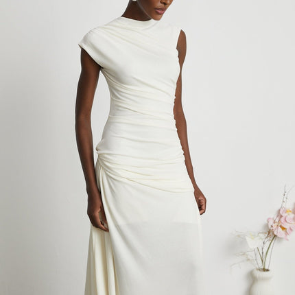 Riccarda White Midi Dress Double Jersey Knit Asymmetric Hem Ruched Detailing Sleeveless Chic Rear Zip Fastening Elegant Sophistication Graceful Luxury