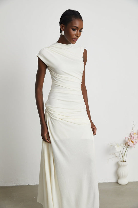 Riccarda White Midi Dress Double Jersey Knit Asymmetric Hem Ruched Detailing Sleeveless Chic Rear Zip Fastening Elegant Sophistication Graceful Luxury