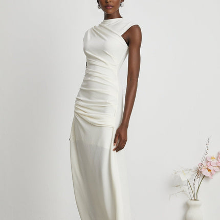 Riccarda White Midi Dress Double Jersey Knit Asymmetric Hem Ruched Detailing Rear Zip Fastening Lined Elegant Sophisticated Luxury Refinement Special Occasions Evenings Out Statement Piece Timeless Sophistication Terylene Fiber