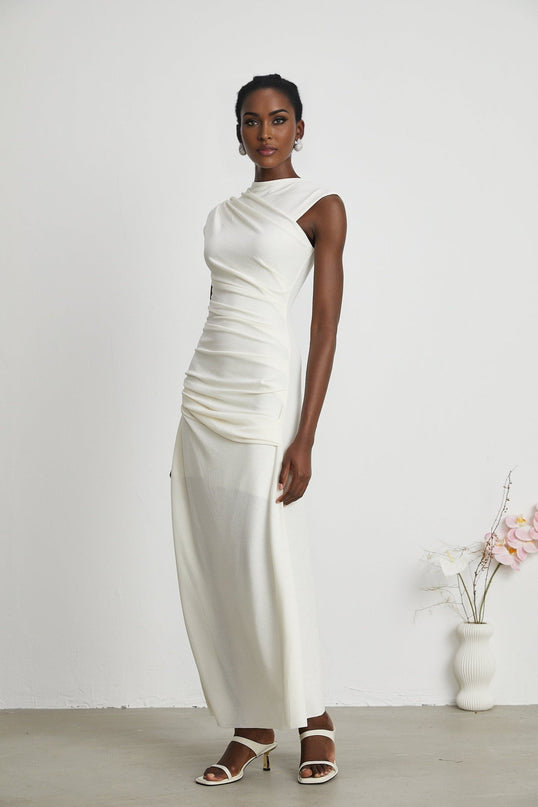 Riccarda White Midi Dress Double Jersey Knit Asymmetric Hem Ruched Detailing Rear Zip Fastening Lined Elegant Sophisticated Luxury Refinement Special Occasions Evenings Out Statement Piece Timeless Sophistication Terylene Fiber