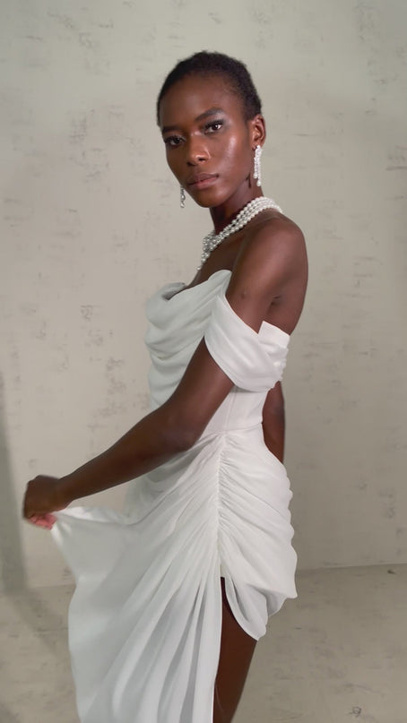 Riccarda White Mini Dress with Ribbon Design and Layered Silhouette