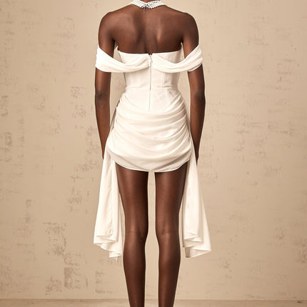 Riccarda White Mini Dress with Ribbon Design and Layered Silhouette