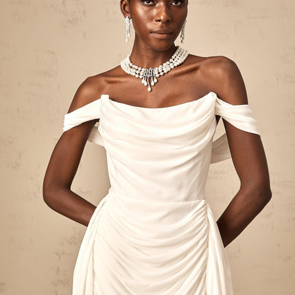 Riccarda White Off-Shoulder Ruched Mini Dress Ribbon Design Layered Silhouette Cowl Neck Panelled Construction Curved Hem Rear Zip Fastening Internal Shorts Thigh-Length Cut Terylene Fiber Modern Luxury Elegance