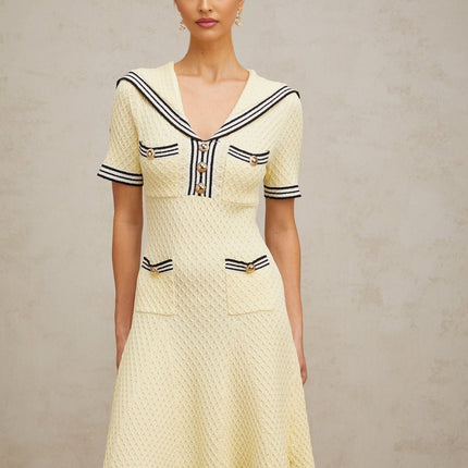 Riccarda Yellow and Black Knitted Dress Sailor Collar Style Short Sleeve Cinched Waist Embossed Gold-Tone Buttons Front Patch Pockets Flared Skirt Opulent Knee-Length Terylene Fiber