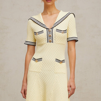 Riccarda Yellow and Black Knitted Dress Sailor Collar Style with Embossed Gold-Tone Buttons and Patch Pockets