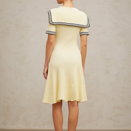 Riccarda Yellow Knitted Dress Sailor Collar Style Short Sleeves Cinched Waist Embossed Gold-tone Buttons Flared Skirt Patch Pockets Opulence Chic Practical Terylene Fiber
