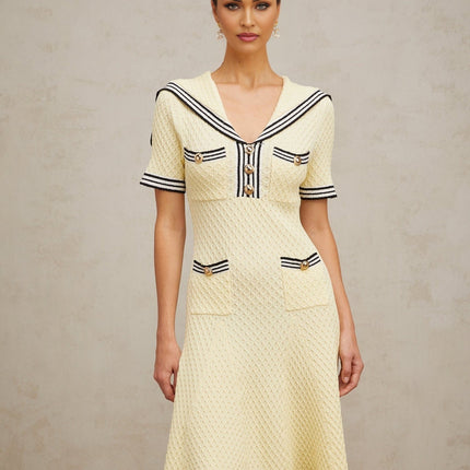 Riccarda Yellow Sailor Collar Knitted Dress with Gold-Tone Buttons and Patch Pockets