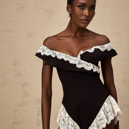 Riley Black Lace Trim Ruffle Off Shoulder Bodysuit