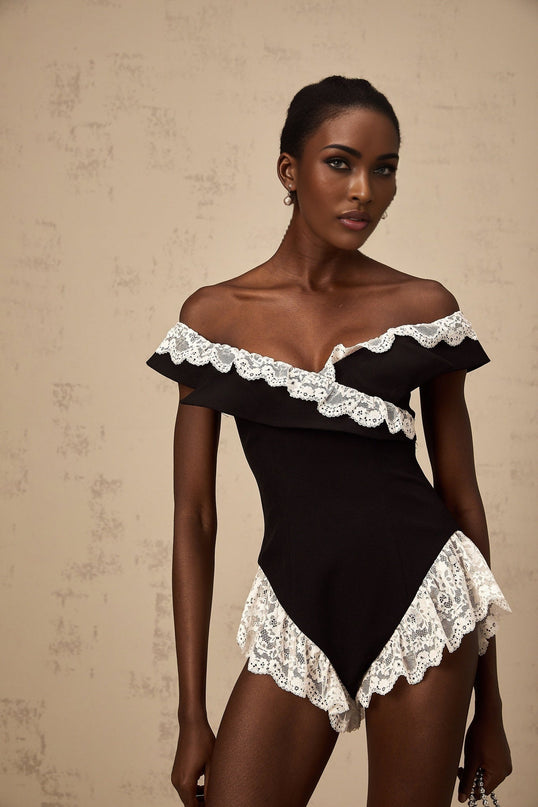 Riley Black Lace Trim Ruffle Off Shoulder Bodysuit