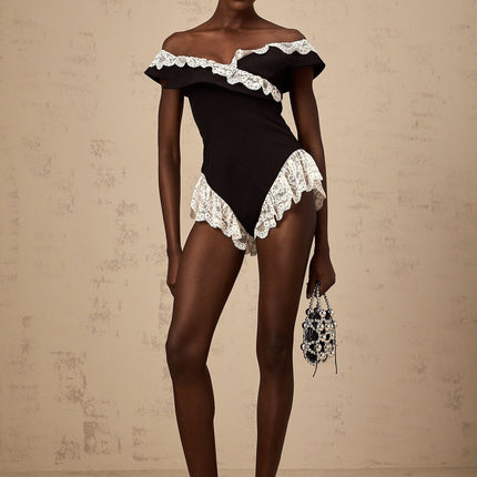 Riley Black Lace Trim Off Shoulder Bodysuit