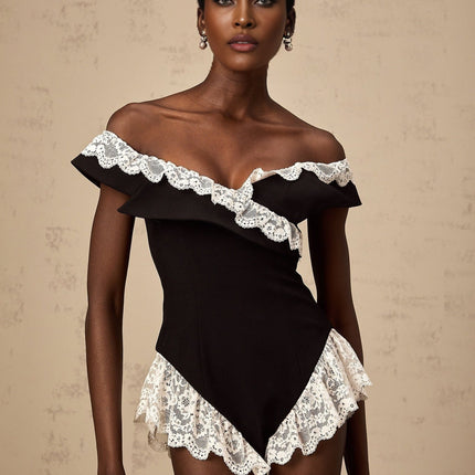 Riley Black Lace Trim Off-Shoulder Bodysuit