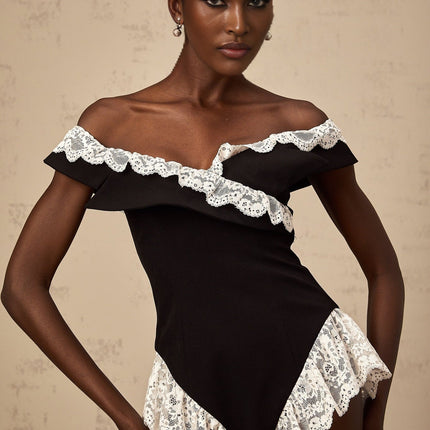 Riley Black Lace Trim Off-Shoulder Bodysuit