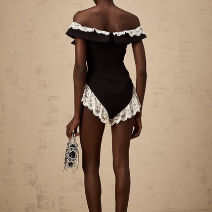 Riley Black Lace Trim Ruffle Bodysuit