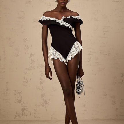 Riley Black Lace Trim Ruffle Bodysuit