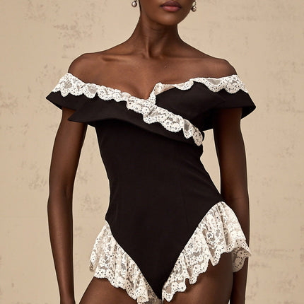 Riley Black Lace Trim Ruffle Off Shoulder Bodysuit