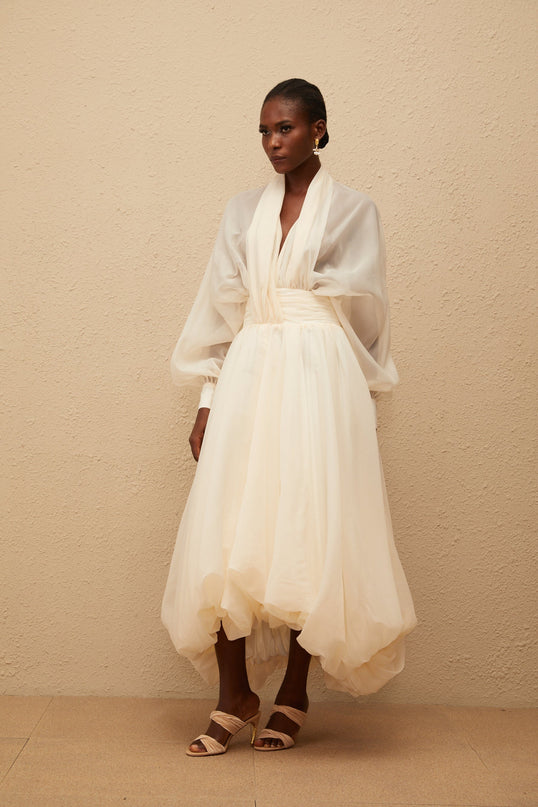 Riley Cream White Draped Tulle Maxi Dress