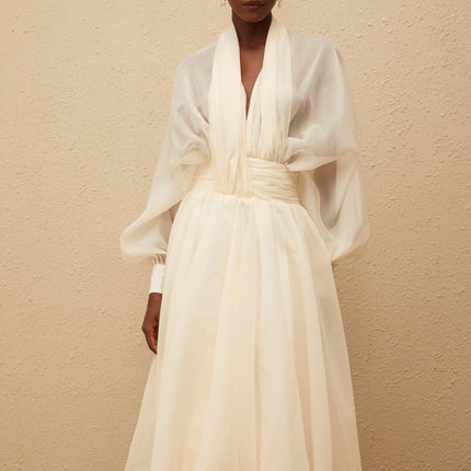 Riley Cream White Draped Tulle Maxi Dress