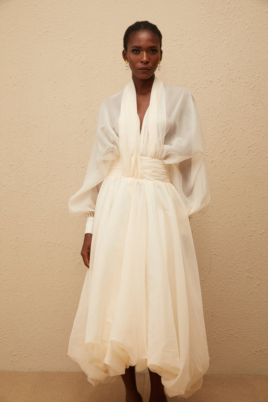 Riley Cream White Draped Tulle Maxi Dress