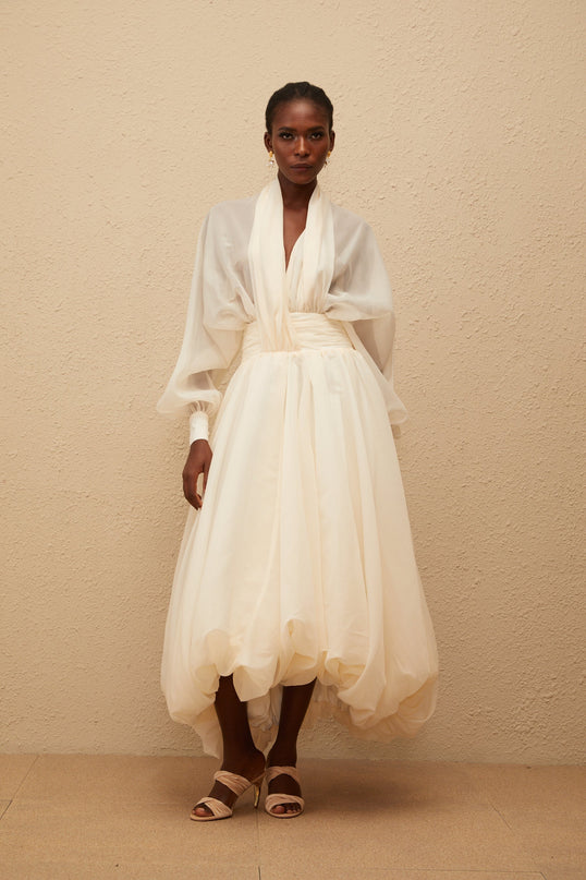 Riley Cream White Draped Tulle Maxi Dress