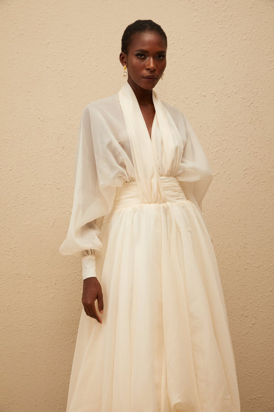 Riley Cream White Draped Tulle Maxi Dress