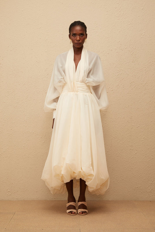 Riley Cream White Draped Tulle Maxi Dress