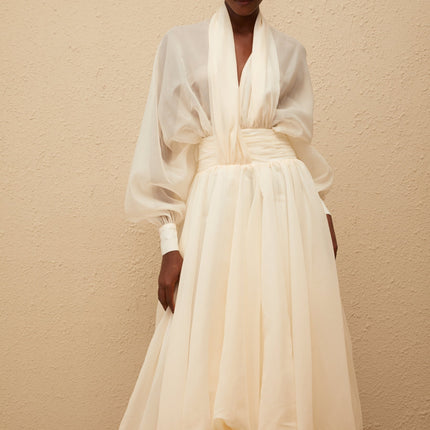 Riley Cream White Draped Tulle Maxi Dress