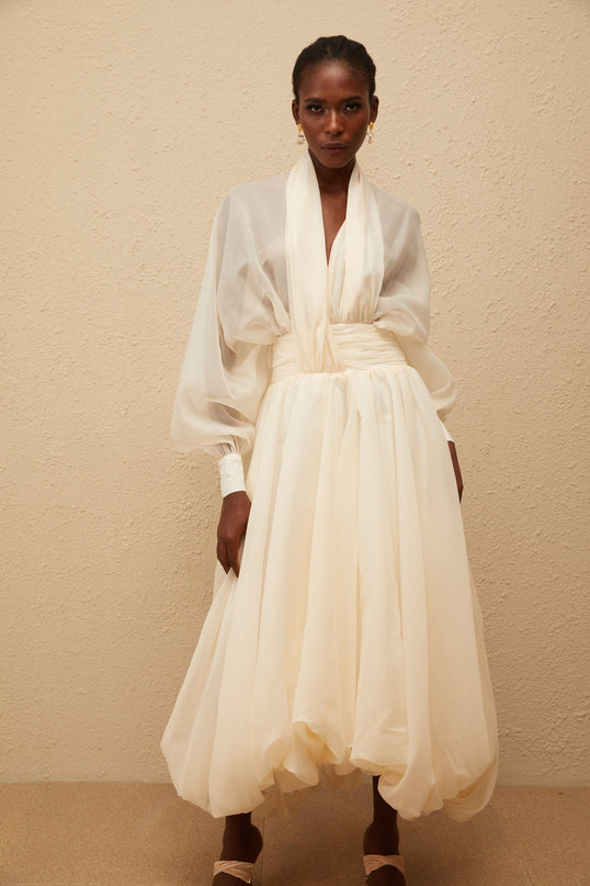 Riley Cream White Draped Tulle Maxi Dress