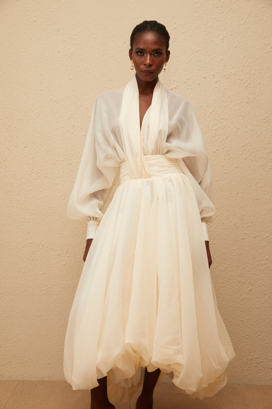 Riley Cream White Draped Tulle Maxi Dress